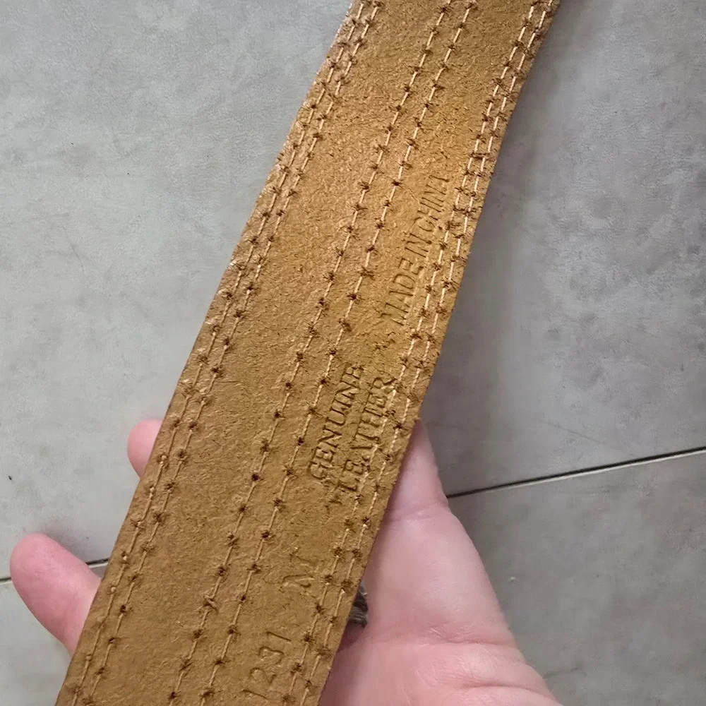 Vtg Y2K Tan Suede Genuine Leather Double Prong Belt Solid Brass Buckle XL 38in